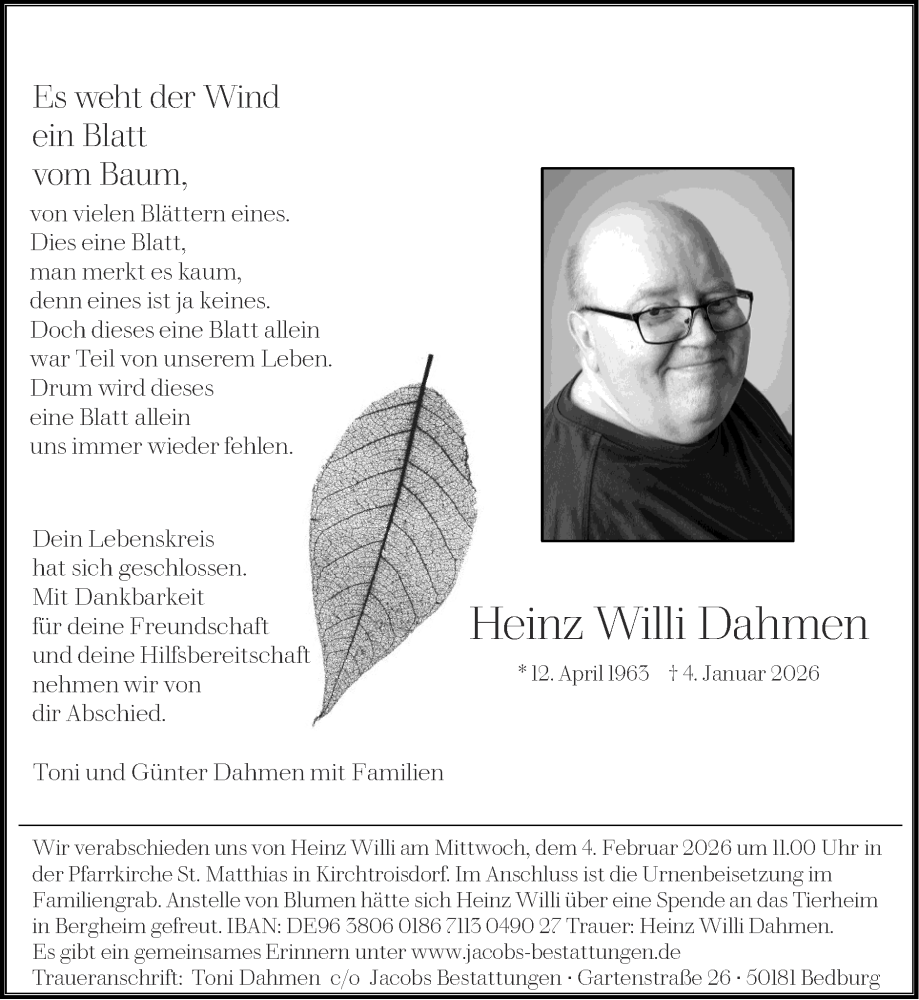  Traueranzeige für Heinz Willi Dahmen vom 01.02.2026 aus Zeitung am Sonntag