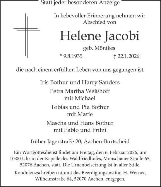 Traueranzeige von Helene Jacobi von Aachener Zeitung