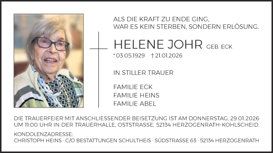 Traueranzeige von Helene Johr von Aachener Zeitung