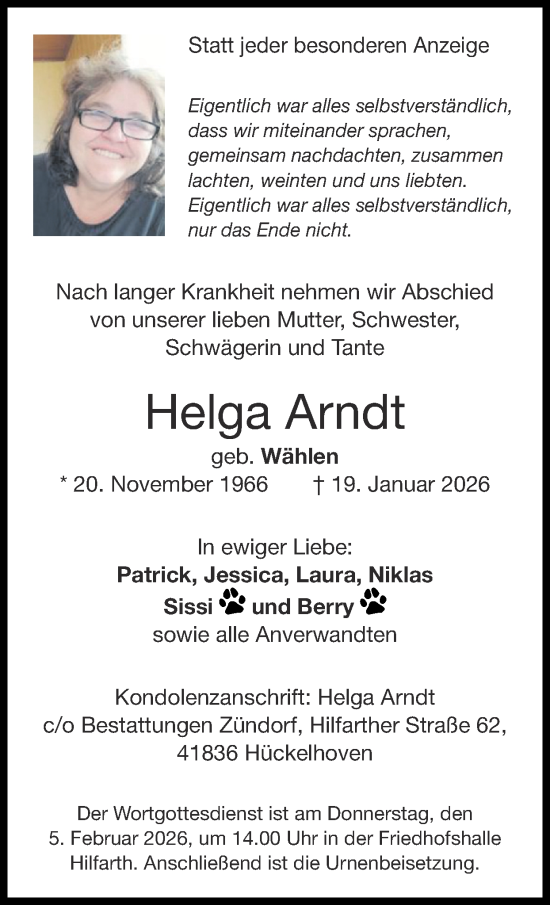 Traueranzeige von Helga Arndt von Zeitung am Sonntag