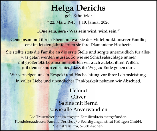 Traueranzeige von Helga Derichs von Zeitung am Sonntag