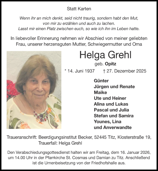 Traueranzeige von Helga Grehl von Zeitung am Sonntag