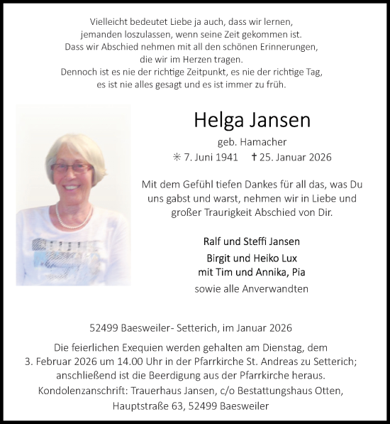 Traueranzeige von Helga Jansen von Zeitung am Sonntag