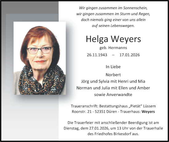 Traueranzeige von Helga Weyers von Zeitung am Sonntag