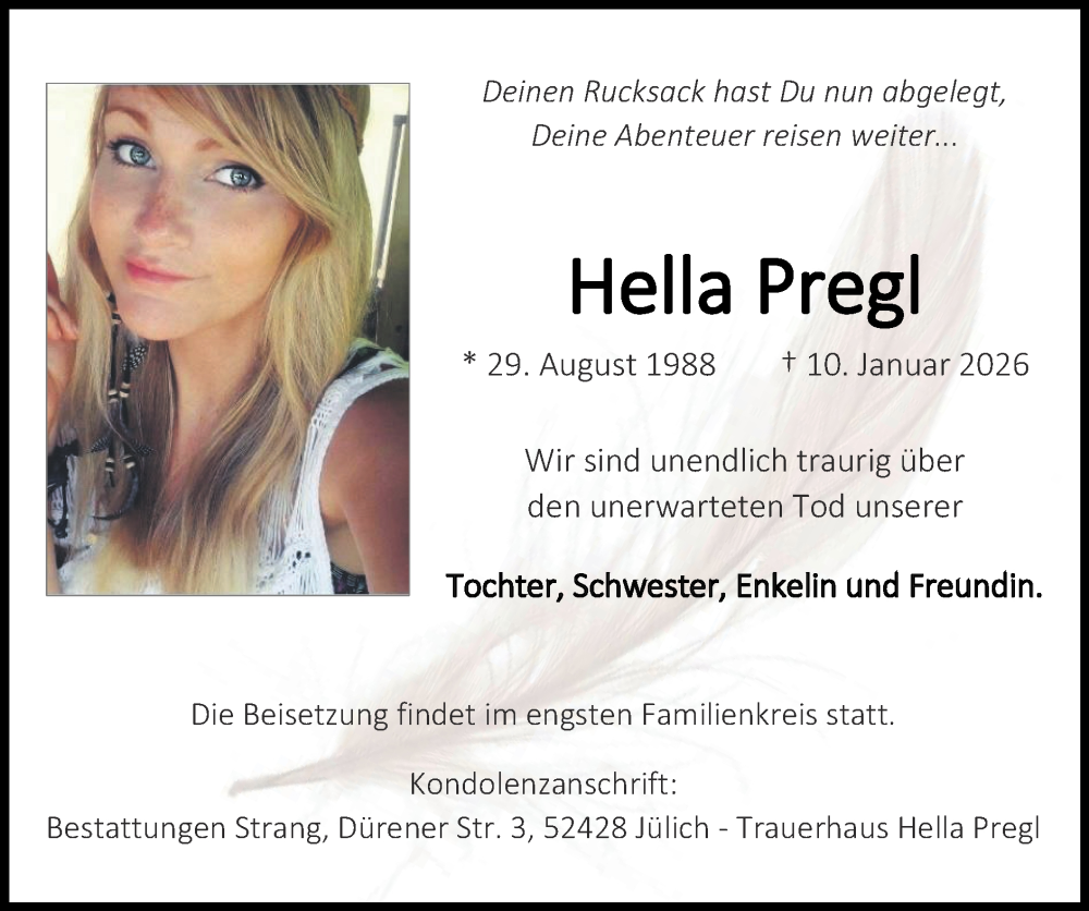  Traueranzeige für Hella Pregl vom 25.01.2026 aus Zeitung am Sonntag