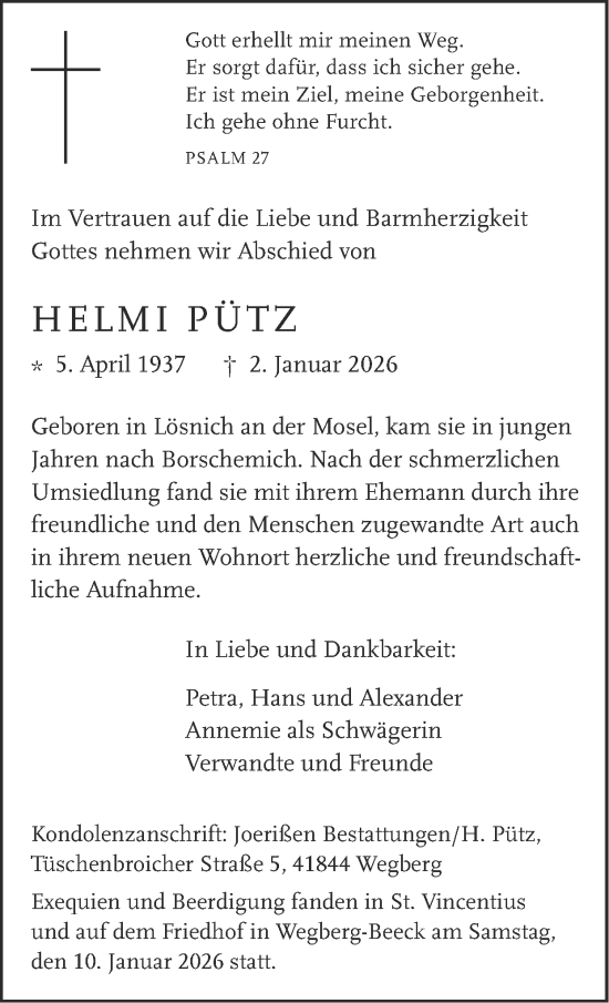Traueranzeige von Helmi Pütz von Zeitung am Sonntag