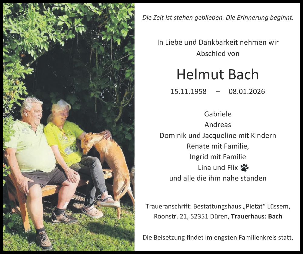  Traueranzeige für Helmut Bach vom 18.01.2026 aus Zeitung am Sonntag