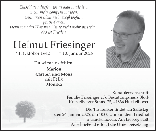 Traueranzeige von Helmut Friesinger von Zeitung am Sonntag