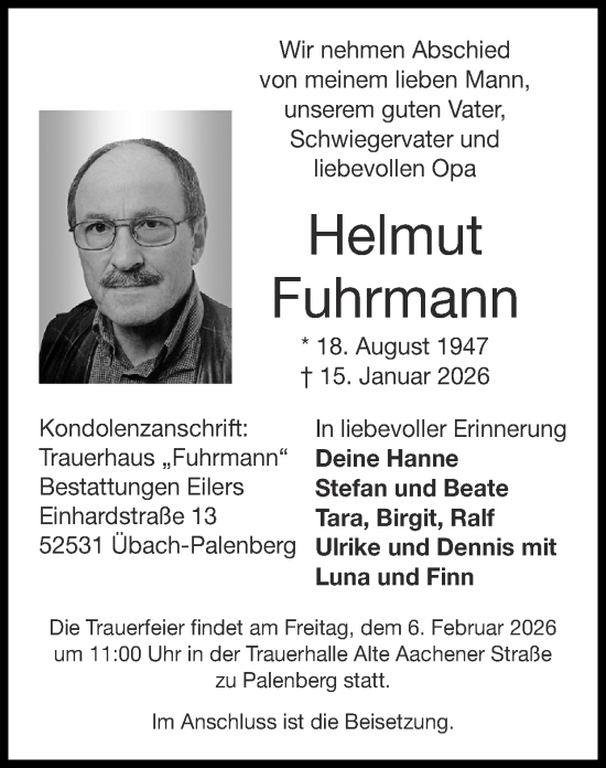 Traueranzeige von Helmut Fuhrmann von Zeitung am Sonntag