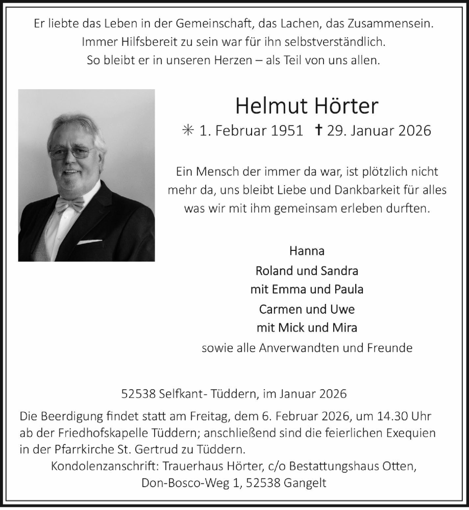  Traueranzeige für Helmut Hörter vom 01.02.2026 aus Zeitung am Sonntag