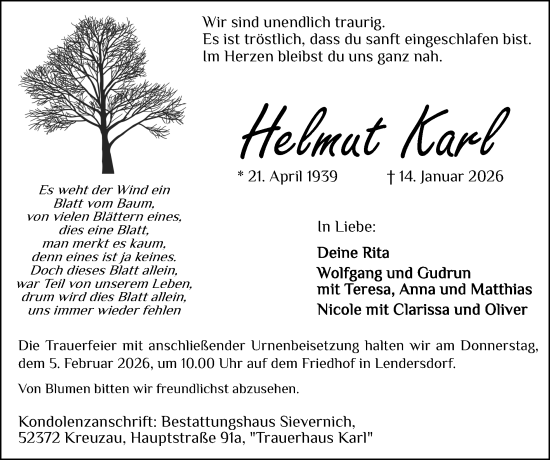 Traueranzeige von Helmut Karl von Zeitung am Sonntag