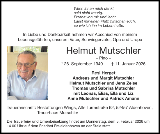 Traueranzeige von Helmut Mutschler von Zeitung am Sonntag