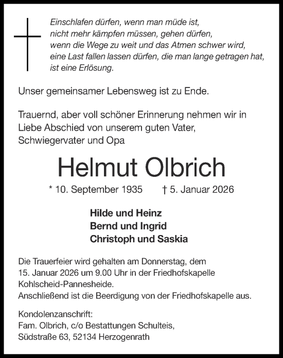 Traueranzeige von Helmut Olbrich von Zeitung am Sonntag