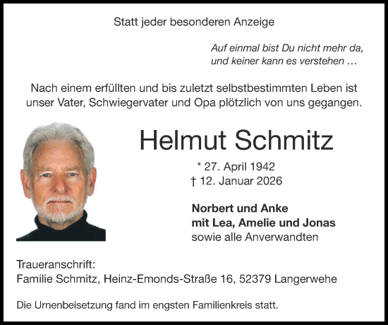 Traueranzeige von Helmut Schmitz von Zeitung am Sonntag
