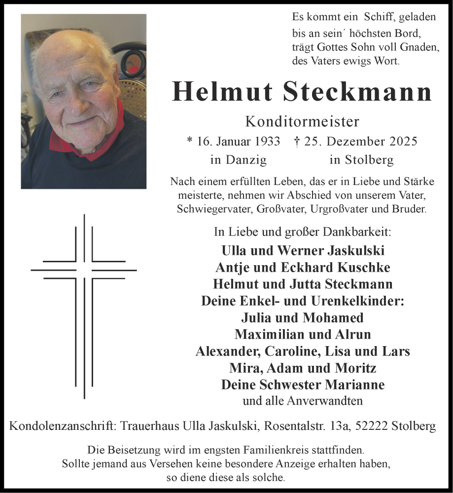  Traueranzeige für Helmut Steckmann vom 11.01.2026 aus Zeitung am Sonntag