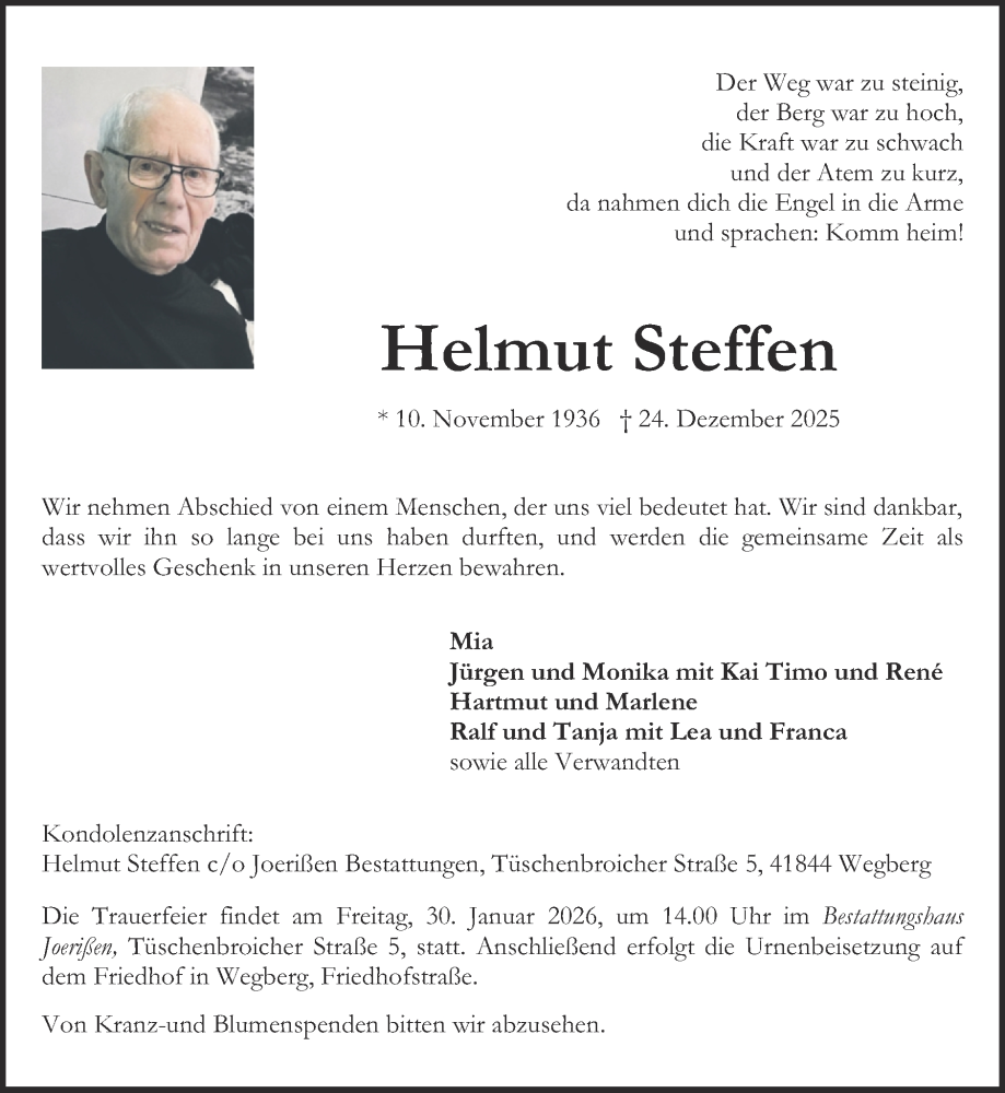  Traueranzeige für Helmut Steffen vom 25.01.2026 aus Zeitung am Sonntag