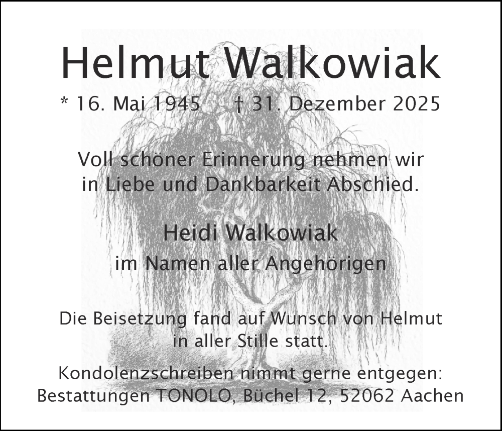  Traueranzeige für Helmut Walkowiak vom 17.01.2026 aus Aachener Zeitung