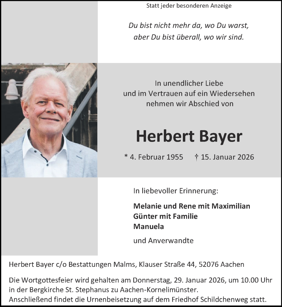  Traueranzeige für Herbert Bayer vom 25.01.2026 aus Zeitung am Sonntag