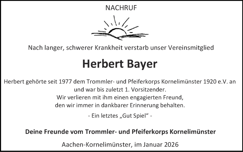  Traueranzeige für Herbert Bayer vom 25.01.2026 aus Zeitung am Sonntag