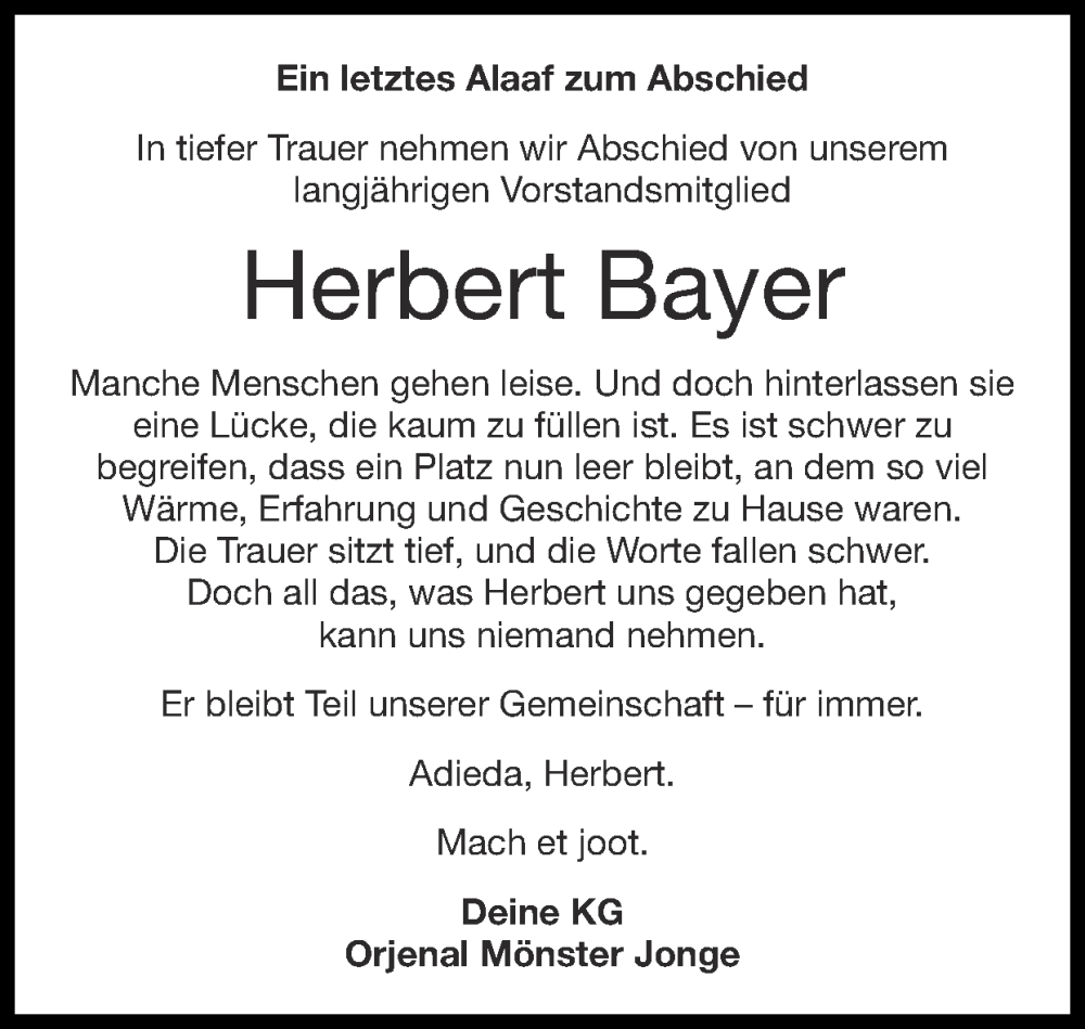  Traueranzeige für Herbert Bayer vom 25.01.2026 aus Zeitung am Sonntag