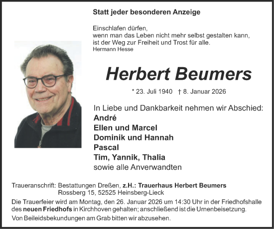 Traueranzeige von Herbert Beumers von Zeitung am Sonntag