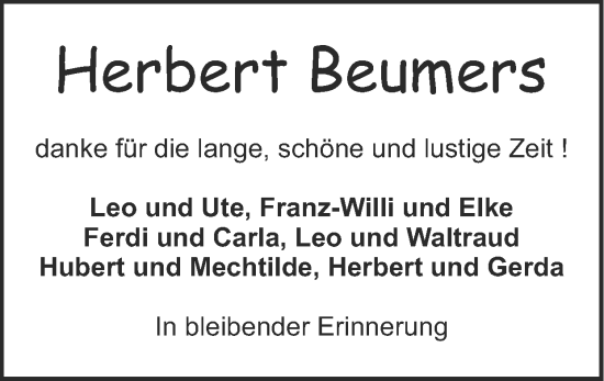 Traueranzeige von Herbert Beumers von Zeitung am Sonntag
