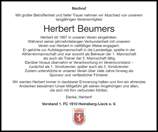 Traueranzeige von Herbert Beumers von Zeitung am Sonntag