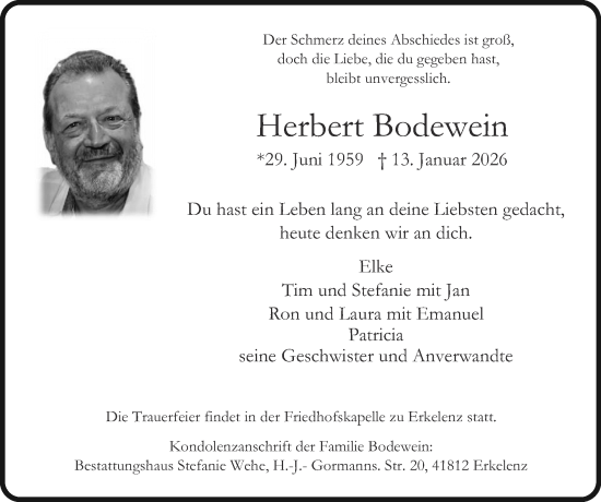 Traueranzeige von Herbert Bodewein von Zeitung am Sonntag