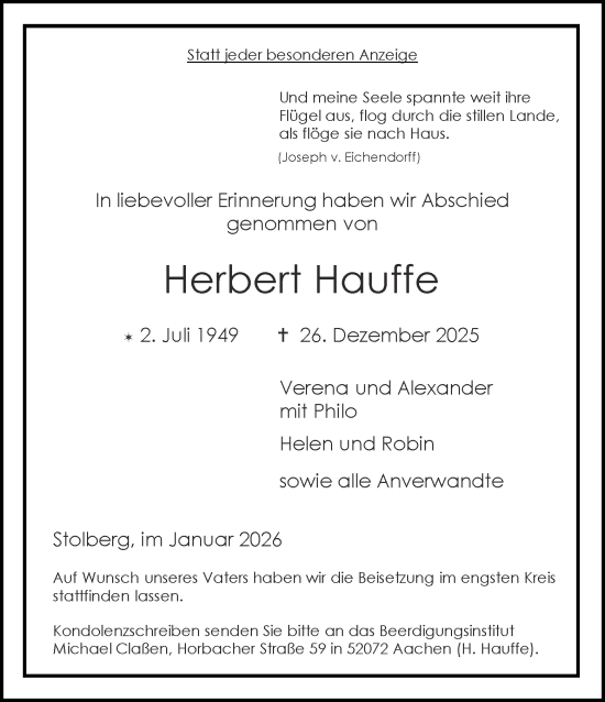 Traueranzeige von Herbert Hauffe von Aachener Zeitung