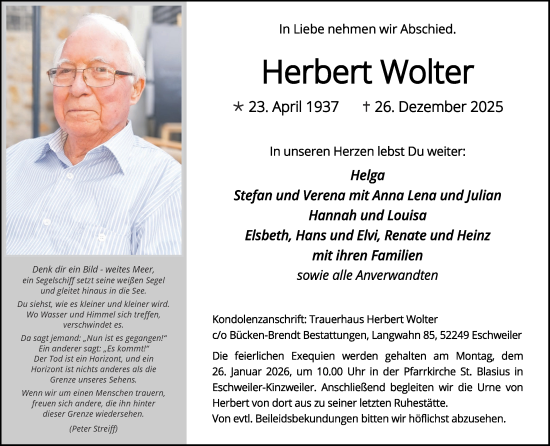 Traueranzeige von Herbert Wolter von Zeitung am Sonntag