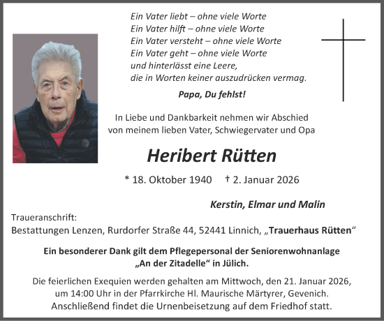 Traueranzeige von Heribert Rütten von Zeitung am Sonntag