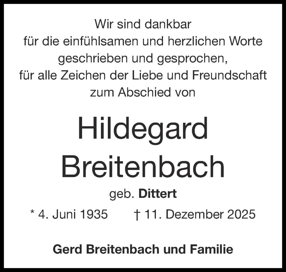  Traueranzeige für Hildegard Breitenbach vom 18.01.2026 aus Zeitung am Sonntag