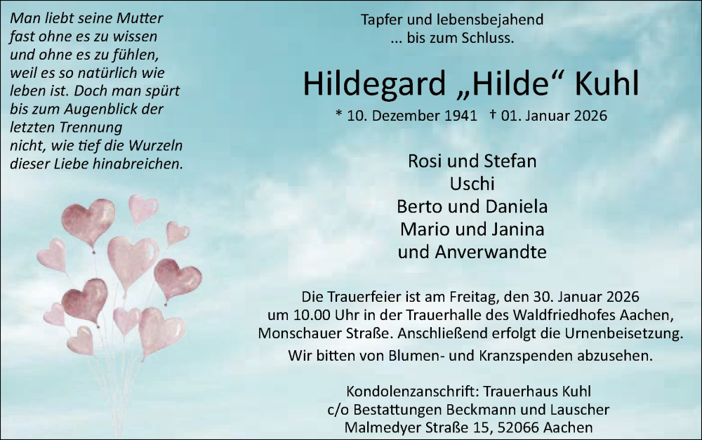  Traueranzeige für Hildegard Kuhl vom 25.01.2026 aus Zeitung am Sonntag