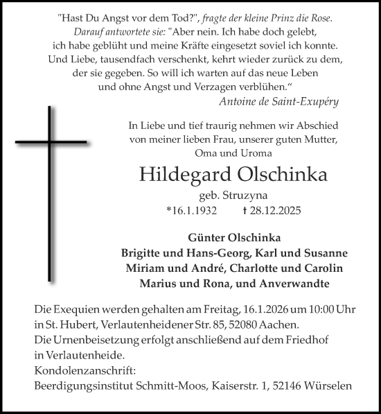 Traueranzeige von Hildegard Olschinka von Zeitung am Sonntag