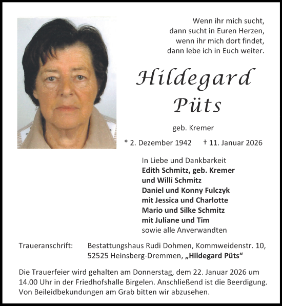 Traueranzeige von Hildegard Püts von Zeitung am Sonntag