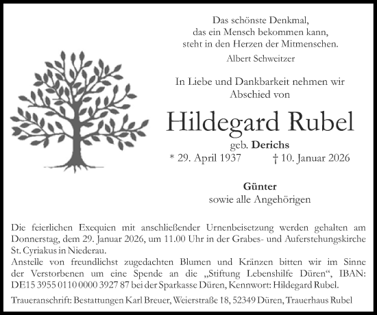 Traueranzeige von Hildegard Rubel von Zeitung am Sonntag
