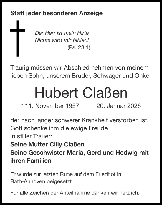 Traueranzeige von Hubert Claßen von Zeitung am Sonntag