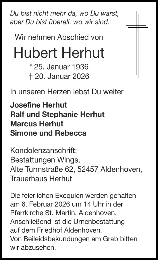 Traueranzeige von Hubert Herhut von Zeitung am Sonntag