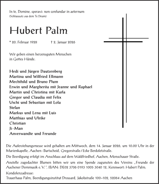 Traueranzeige von Hubert Palm von Aachener Zeitung
