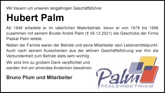 Traueranzeige von Hubert Palm von Aachener Zeitung