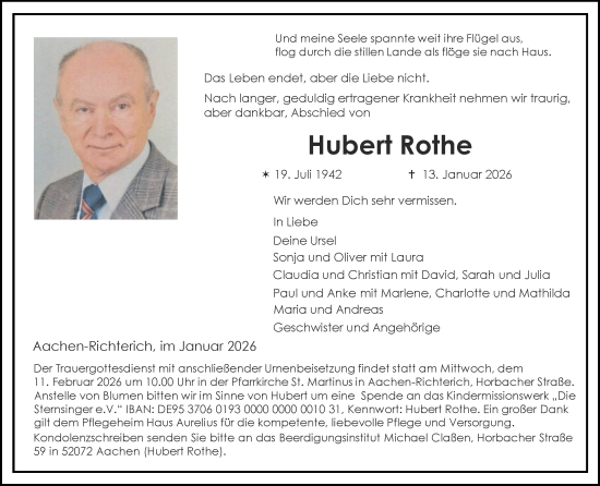 Traueranzeige von Hubert Rothe von Zeitung am Sonntag