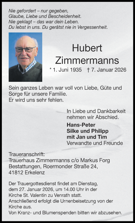 Traueranzeige von Hubert Zimmermanns von Zeitung am Sonntag