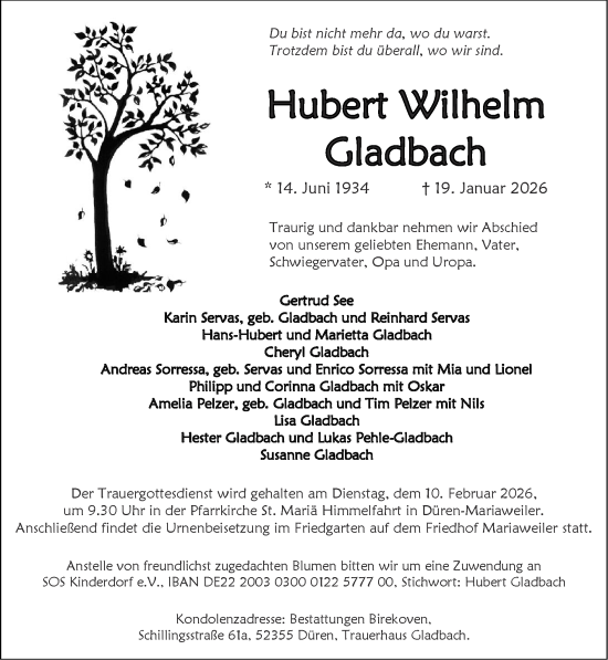 Traueranzeige von Hubert Wilhelm Gladbach von Zeitung am Sonntag