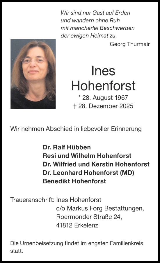 Traueranzeige von Ines Hohenforst von Zeitung am Sonntag