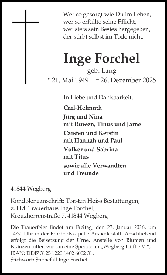 Traueranzeige von Inge Forchel von Zeitung am Sonntag