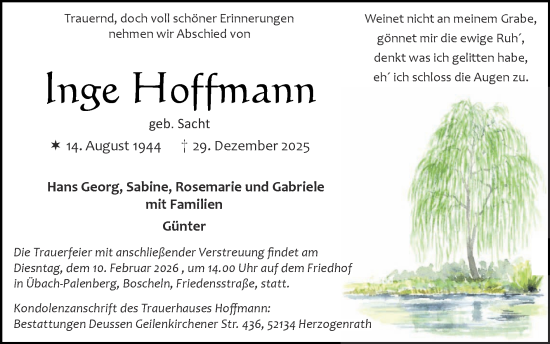 Traueranzeige von Inge Hoffmann von Zeitung am Sonntag