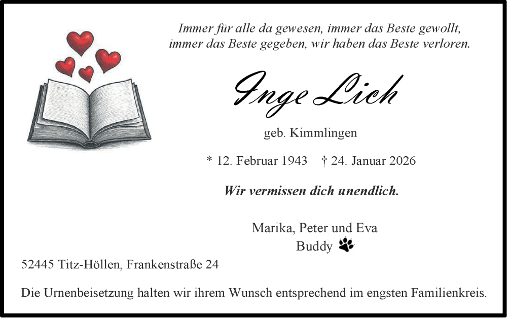  Traueranzeige für Inge Lich vom 01.02.2026 aus Zeitung am Sonntag