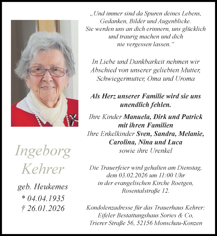  Traueranzeige für Ingeborg Kehrer vom 01.02.2026 aus Zeitung am Sonntag