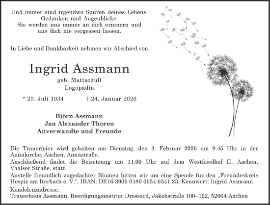 Traueranzeige von Ingrid Assmann von Aachener Zeitung