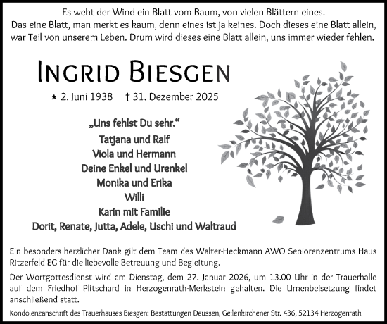 Traueranzeige von Ingrid Biesgen von Zeitung am Sonntag